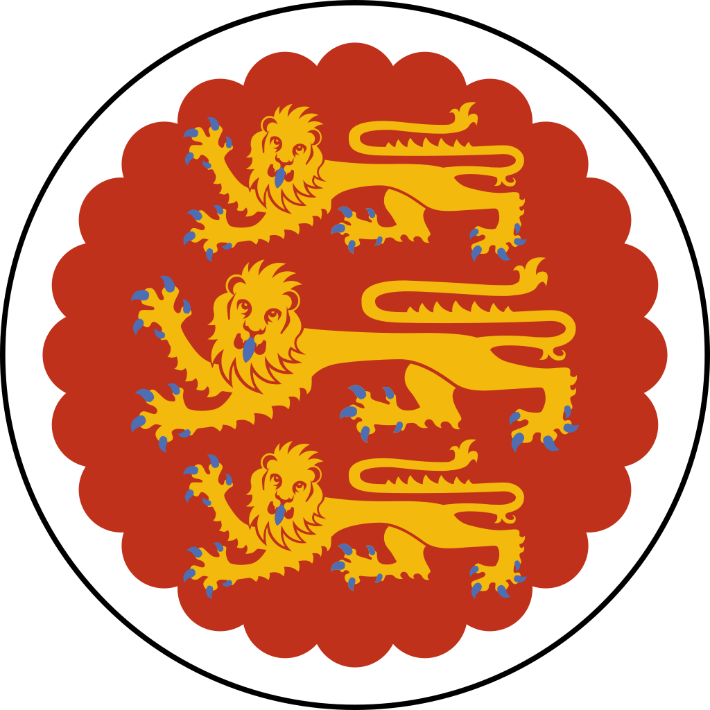 Coat of arms of Oriel College, displayed in a circle: three golden lions on a red background, with an indented white border