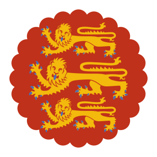 Three golden lions on a red background with a white circular indented border